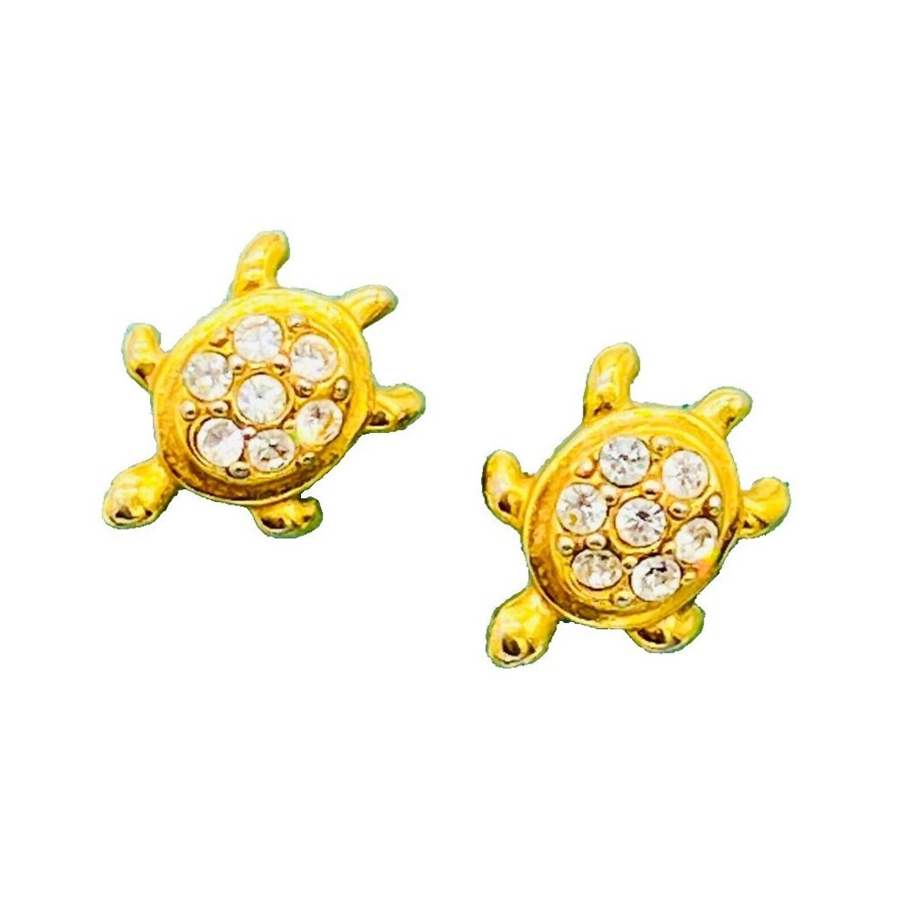 Vintage “Avon Precious Turtle Earrings” 1992 Gold Plated Rhinestone - Picture 2 of 5